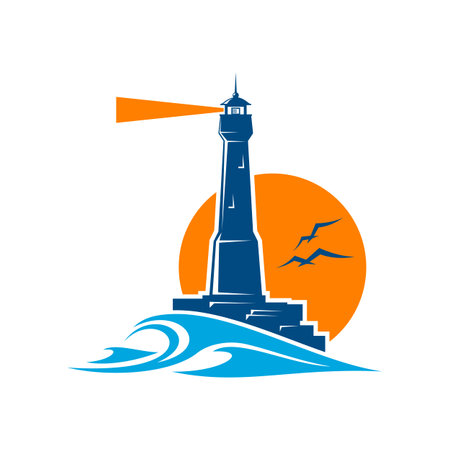 Lighthouse and beacon icon. Sea and ocean sailing safety, tourism landmark and marine travel navigation vector symbol, business company icon with beacon tower, lighthouse on rock, sun disc and wavesのイラスト素材