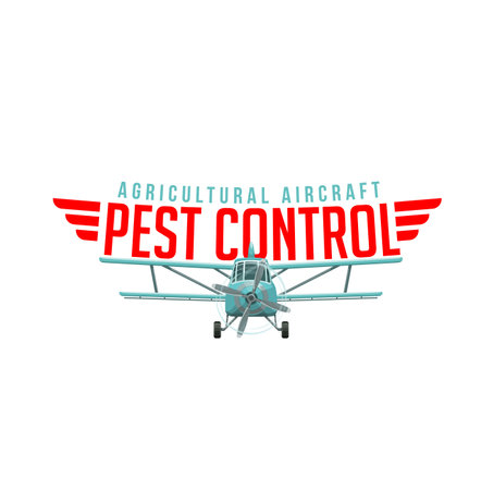 Agriculture pest control. Airplane spraying pesticides and herbicides, vector agricultural aircraft and chemical treatment for crop plants, farm fields and gardens. Pest insect extermination serviceのイラスト素材