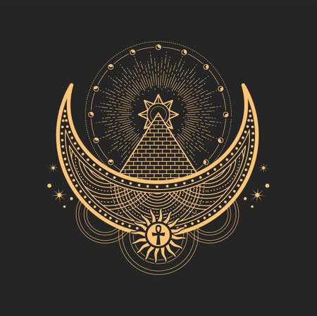 Crescent and moon esoteric occult symbols, magic tarot sign. Vector sacred religion mystic emblem masonry pyramid, egypt ankh, star and sun. Occultism, alchemy, wicca and astrology symbolicのイラスト素材