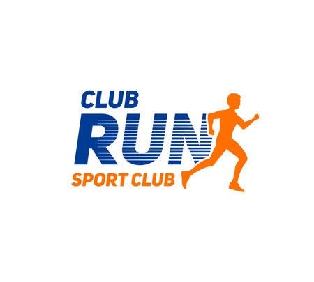 Marathon run sport icon with running man vector silhouette. Runner or athlete jogging isolated orange blue symbol. Foot race competition, run sport club, marathon or sprint tournament emblemのイラスト素材