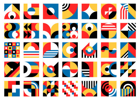 Bauhaus elements and modern abstract geometric patterns, vector backgrounds. Geometric shapes pattern of square, circle and triangle mosaic grid for vintage Bauhaus art colors or seamless pattern tileのイラスト素材
