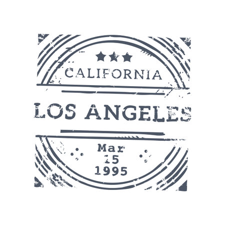 Los Angeles California postage and postal rubber stamp. Vector round seal with stars, american post delivery emblem. International mail control signのイラスト素材