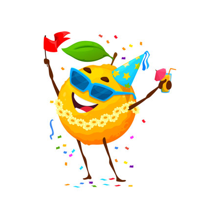 Cartoon cheerful orange or yuzu fruit character on birthday party, anniversary holiday celebration. Birthday celebration, holiday event or anniversary party cute fruit vector personage in sunglassesのイラスト素材