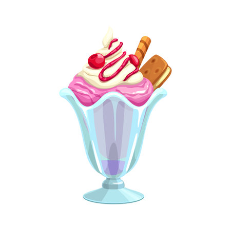 Cartoon ice cream in glass cup. Vector sundae dessert food of strawberry gelato with whipped cream, cherries and sweet fruit syrup toppings, chocolate waffle tube and chocolate cookie sandwichのイラスト素材