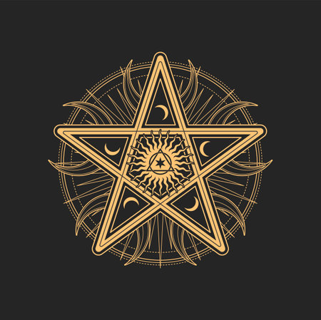 Pentagram spiritual symbol, isolated amulet with mysterious signs, magic talisman. Occult esoteric vector Pentacle star surrounded with crescent moons, sun, circle and triangle shapes in centerのイラスト素材