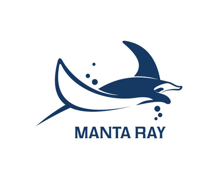Manta ray animal icon, stingray or sting fish in sea or ocean wave, vector blue silhouette. Underwater aquatic manta ray creative emblem, company or brand label, marine diving or yachting club symbolのイラスト素材