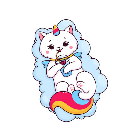 Cartoon caticorn character with juice or cocktail. Cute unicorn cat vector personage, funny kitty or kitten. Sweet white caticorn animal with rainbow tail and horn lying on cloud with fruit beverageのイラスト素材