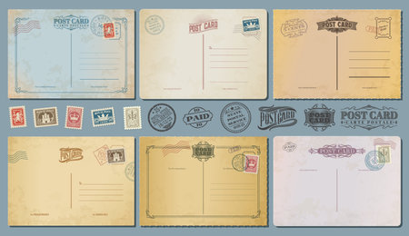 Antique postcards, retro postage stamps and vintage mail card, vector old postal backgrounds. Antique postcards and paper post letters in grunge frames, blank retro mail cards with airmail postageのイラスト素材