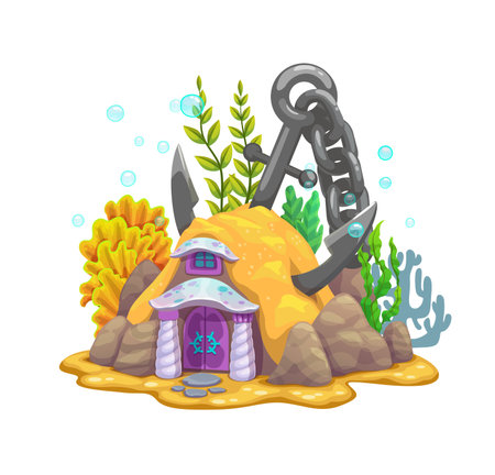 Cartoon underwater anchor fairy house. Vector building of ocean and sea bottom fantasy world. Cute sand and rock house, home or dwelling of mermaid with corals, seaweeds, seashells, chain and anchorのイラスト素材