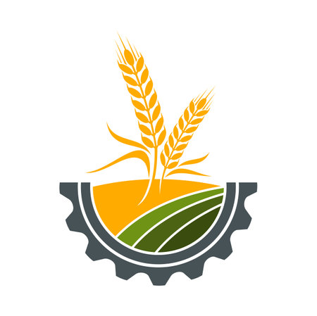 Agriculture icon, field of wheat or farm rye ears and cereal spikes, vector symbol. Farmhouse barley and millet, farmland agriculture and agro industry sign with wheat in gear wheel circleのイラスト素材