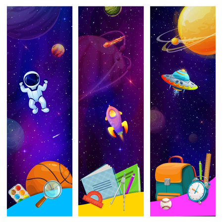 School banners with stationery and space planets, UFO, rocket and astronaut. Starry galaxy vector background with borders of cartoon books, pencil and notebook, school bag, ruler, pen, paint and ballのイラスト素材