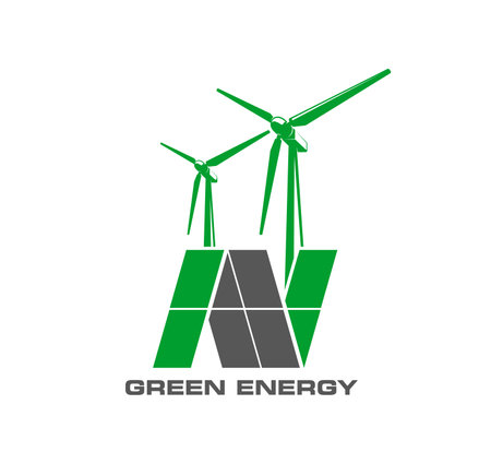 Wind turbine and solar panel symbol. Green clean energy icon. Sustainable energy power plant or station, renewable green electricity solar generation industry vector emblem or sign with wind turbinesのイラスト素材