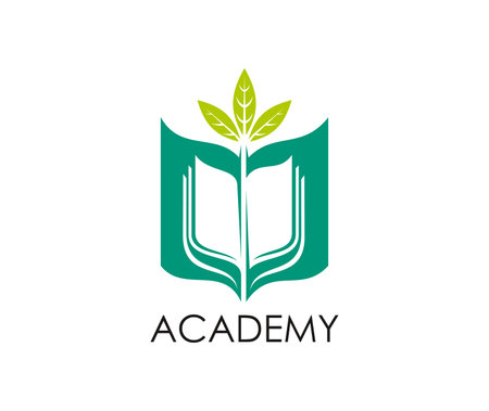 Academy education icon or emblem. University knowledge study or college learning symbol, science information library simple vector sign. School education icon with opened book and plant green leavesのイラスト素材