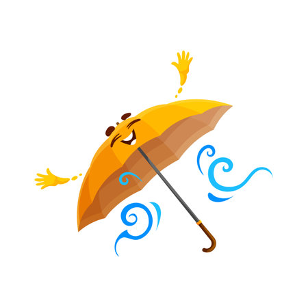 Cartoon umbrella character, charming vector parasol with smiling face flying on wind blow streams and radiating positive feelings. Isolated bumbershoot personage for climate and weather forecastのイラスト素材