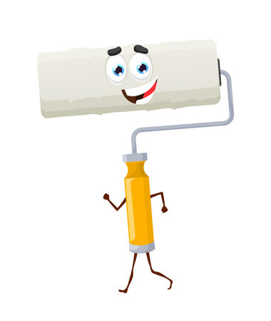 Cartoon paint roller character, painting works tool and DIY equipment, vector funny face. Paint roller cartoon character, house renovation, remodeling and painting equipment item with smileのイラスト素材
