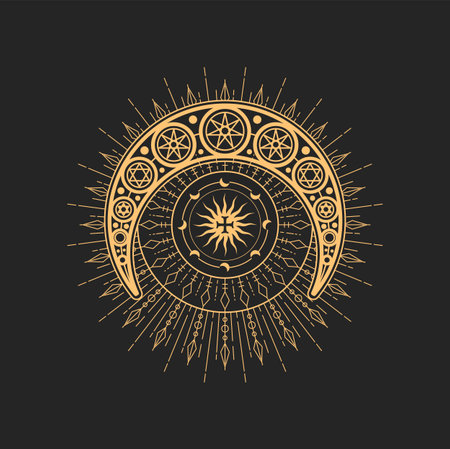 Crescent, moon, stars and powerful cross esoteric occult symbol, magic tarot sign. Vector sacred cross in circle and solar with radiant rays. Religion spiritual amulet, tattoo designのイラスト素材
