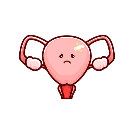 Uterus sick organ, cartoon character for woman health and anatomy, vector ovary. Menstruation or female reproductive system disease, sad uterus with illness pain, gynecology virus or infectionのイラスト素材