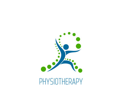 Physiotherapy icon of spine, back pain and body health, chiropractic massage and therapy. Vector symbol of abstract human figure dancing, doing sport exercises with green balls. Physical therapy signのイラスト素材