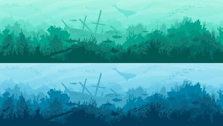 Underwater landscape silhouette, ocean undersea vector background with sunken ship, animals, seaweeds and coral reef shades. Deep sea world, seabed, seafloor aquatic space horizontal header or footerのイラスト素材
