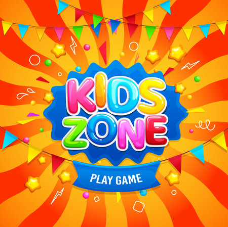 Kids zone background for fun game and play poster, vector color frame. Children playground or kids zone banner for birthday party area with cartoon letters, flags and splash stripes for child clubのイラスト素材
