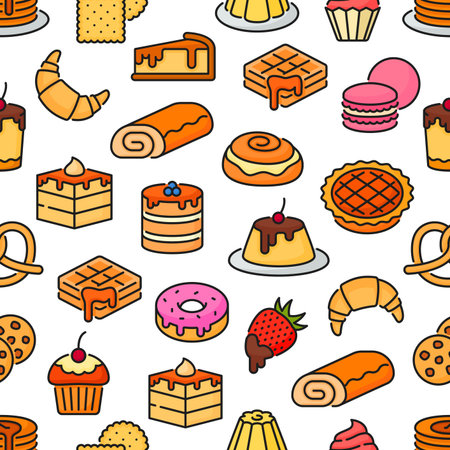 Dessert and bakery seamless pattern. Vector thin line pastry food background with outline sweet cake, wheat croissant and bun, chocolate cupcake, donut, pie and muffin, cheesecake, cookie and biscuitのイラスト素材