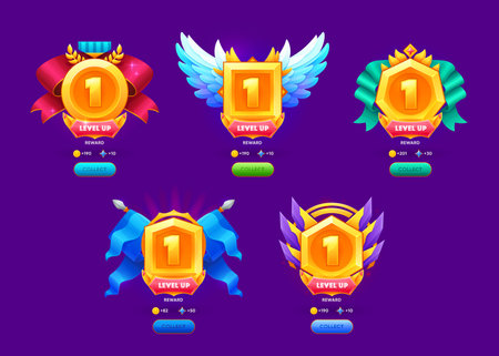 Level up award or reward badges and game assets, vector UI icons of gold prize. Level up awards or bonus ranks and medal trophy rewards with ribbons and winner wings for arcade video game next levelのイラスト素材