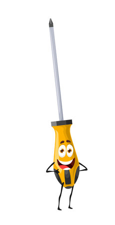 Cartoon screwdriver, DIY tool character, vector funny personage of construction or carpentry instrument. Repair and building work tool equipment, DIY handyman screwdriver character with smileのイラスト素材