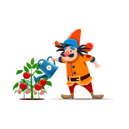 Cartoon gnome or dwarf farmer character with watering can. Fairytale dwarf, midget or fantasy elf funny isolated vector personage. Gnome farmer comical personage watering ripe tomatoes plant harvestのイラスト素材