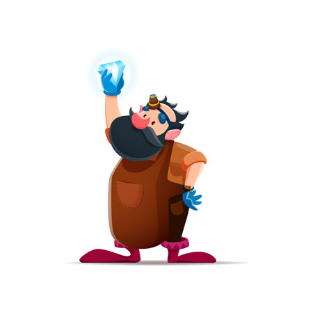 Cartoon gnome or dwarf jeweler character. Fantasy midget, cute fairytale dwarf isolated vector personage. Bearded gnome jeweler funny character wearing leather apron, looking on precious shiny gemのイラスト素材