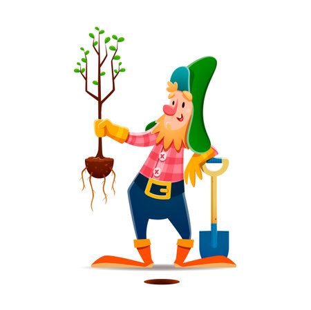 Cartoon gnome or dwarf character planting a seedling. Garden gnome, fantasy midget or fairy elf isolated vector cute personage. Fairytale dwarf farmer happy character with shovel, planting garden treeのイラスト素材