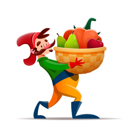 Cartoon gnome dwarf character with harvest basket, vector farmer man. Fairy tale village dwarf or fantasy forest gnome farmer character carry basket of harvest fruits and vegetables, kids cartoon toyのイラスト素材