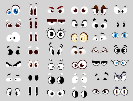Cartoon comic eyes. Caricature avatar shock, fear and surprise eye expression, man and woman human cartoon character anger, confusion, amazement feelings vector symbol. Comical personage face elementのイラスト素材
