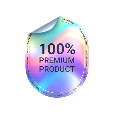 Product premium quality hologram ellipse sticker. Official certificate iridescent emblem, certified metal hologram vector tag or premium holographic label. Product quality shiny sticker with bent sideのイラスト素材