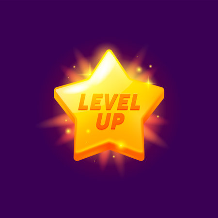 Game level up reward golden star rate icon. Casino achievement win sign, arcade task rank rank complete vector icon or gaming success award. Videogame victory celebration shiny star symbolのイラスト素材
