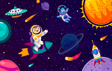 Kid astronaut and alien characters on space galaxy. Cartoon vector child cosmonaut riding rocket in outer Universe with planets, shining stars, spaceships and ufo saucers. Interstellar journey or tripのイラスト素材