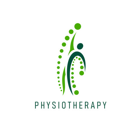 Physiotherapy, body massage icon. Physiotherapy doctor, rehabilitation medical center or back pain treatment clinic vector icon. Chiropractic massage practice symbol or sign with healthy human figureのイラスト素材