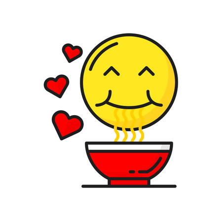 Asian cuisine food, noodles and smiling sun with hearts, tasty yummy pasta in bowl. Vector handmade ramen udon, stir fry pasta noodlesのイラスト素材