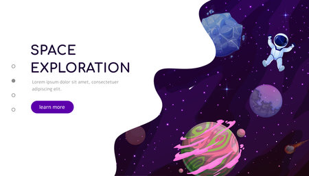 Space landing page, cartoon astronaut in outer space with fantasy galaxy planets, fire asteroids and stars. Vector universe galaxy exploration landing page template of business company websiteのイラスト素材