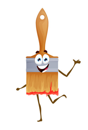 Cartoon paint brush tool character, painting works and DIY equipment, vector personage. Renovation, painting and carpentry hand tool character of cartoon paintbrush with face and smileのイラスト素材