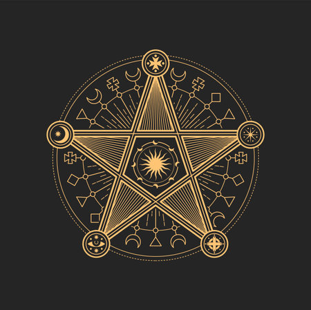Esoteric and occult pentagram, mason or tarot symbol. Vector sacred star sign with crescent moon,...