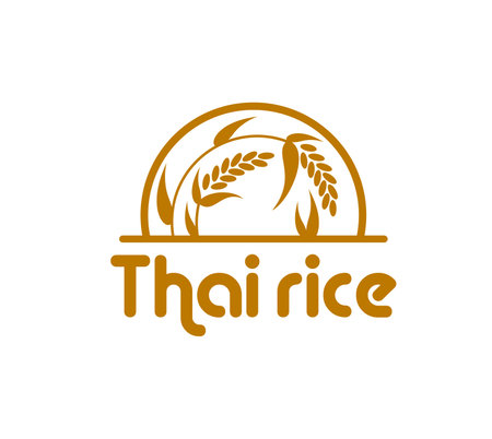 Rice icon with cereal plant grains and ears on farm field. Vector cereal food and bakery flour isolated gold emblem with silhouettes of thai jasmine and paddy rice seeds, ripe ears and leavesのイラスト素材