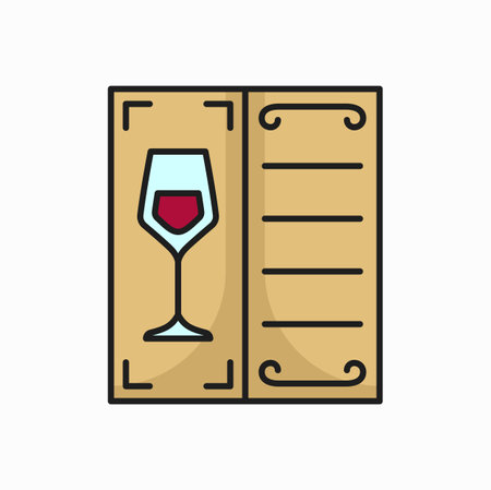 Bar card outline icon. Wine tasting brochure. Vector invitation on tasting wine booklet leaflet with glass. Winery card, restaurant alcohol menuのイラスト素材