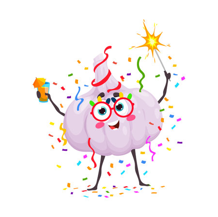 Cartoon funny garlic vegetable character on birthday, anniversary holiday. Birthday celebration, anniversary holiday greeting cute vegetable vector personage with fireworks sparkler, cocktail glassのイラスト素材