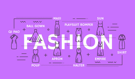 Fashion woman line dresses infographics, vector female clothes and outfit icons. Woman dress models and types, girl style apparel and clothing, retro and modern dresses halter, playsuit and shirtのイラスト素材