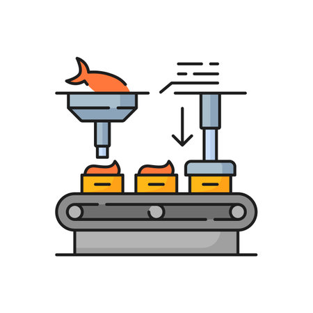 Fishing industry packaging conveyor line icon. Fish preserves production manufacture, fishing industry production or seafood factory equipment thin line vector sign with meat grinder and conveyor beltのイラスト素材