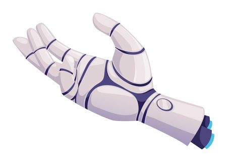 Human hand, futuristic robot arm with metal fingers. Vector innovation artificial technology cyborg droid robotic mechanical prosthesisのイラスト素材