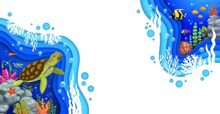 Cartoon underwater paper cut landscape with sea turtle and tropical fish. 3d vector picturesque background with intricate papercut design features a lively marine colorful ecosystem and reef lifeのイラスト素材