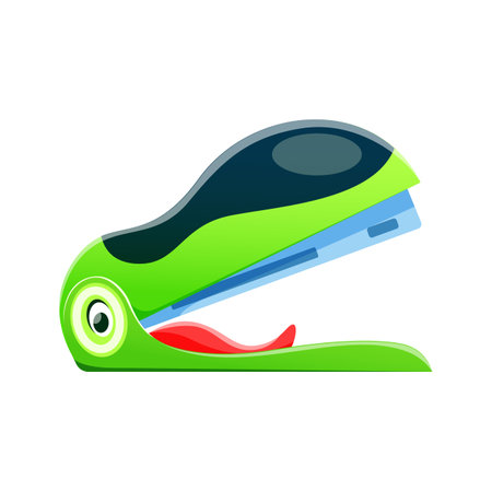 Cartoon stapler, school character and education mascot, vector funny smile. Back to school emoji or emoticon of cute happy stapler with crocodile face, kids comic school stationery supply characterのイラスト素材
