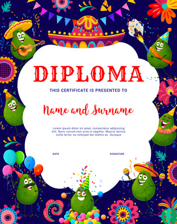 Kids diploma cartoon avocado characters on mexican holiday party. Vector success celebration certificate frame with funny fruit personages wear mariachi sombrero, festive hats, balloons and confettiのイラスト素材