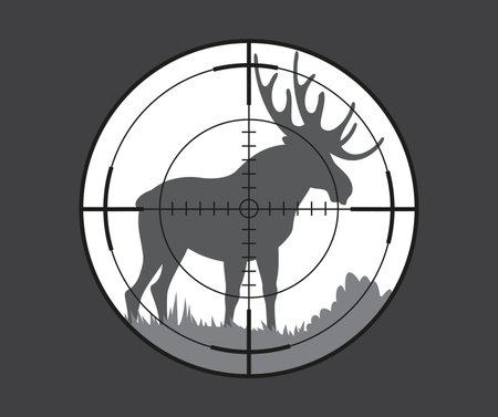 Moose or elk animal target, hunting sport. Vector silhouette of wild forest wapiti bull with antlers in hunter rifle scope or gun telescope sight with crosshair. Big game hunting trophy animal targetのイラスト素材